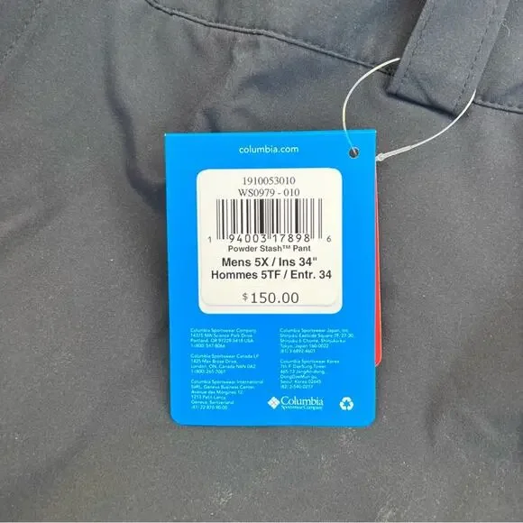 Columbia Omni Tech Powder Stash Black Ski/Snowboard Pants NWT Size 5X Ins. 34”